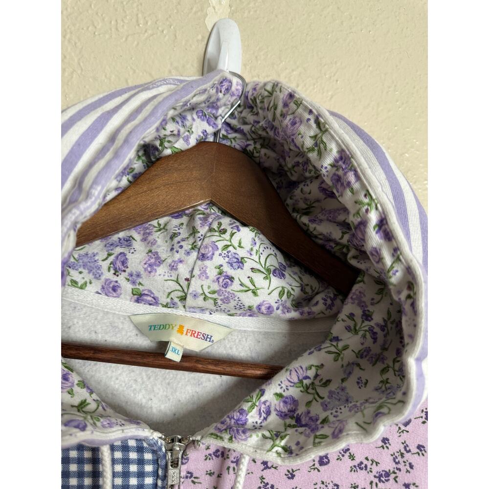 Teddy Fresh Lavender Patchwork Zip-Up Hoodie Womans 3XL Floral Gingham - Picture 3 of 12